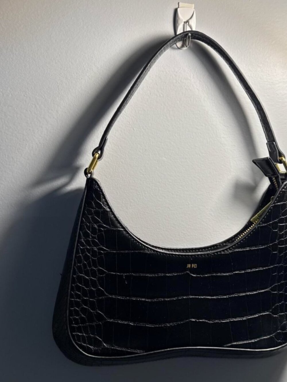 JW PEI black crocodile-embossed leather shoulder bag with gold hardware